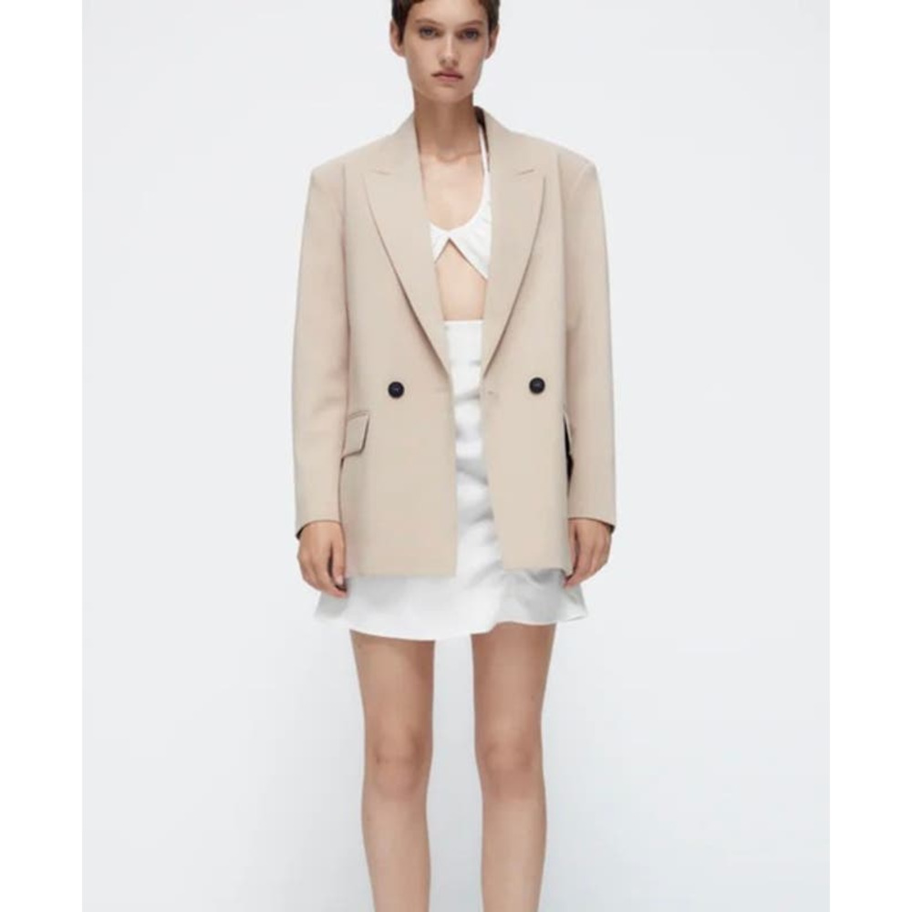 ZARA Oversized Double Breasted Blazer Womens Small Tan Long Sleeve Peaked Lapel - Picture 3 of 16